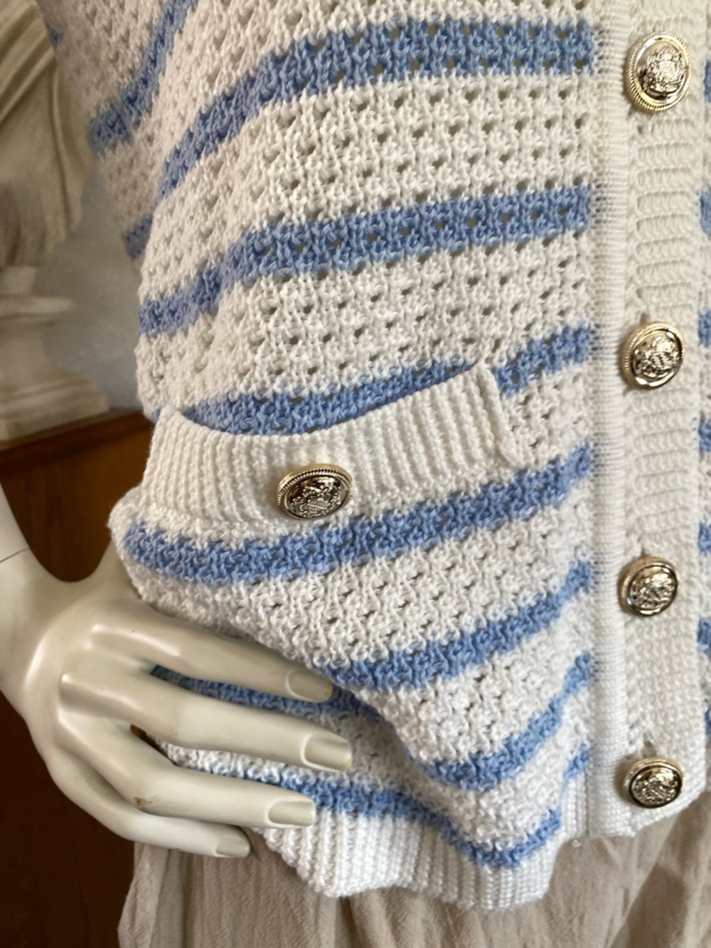 Sleeveless Striped Knit Cardigan Vest in White & Light Blue - Picture 3 of 5